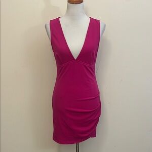 Hello Molly New Bold Pink Dress with Plunging Neckline and Ruched Side Size 8